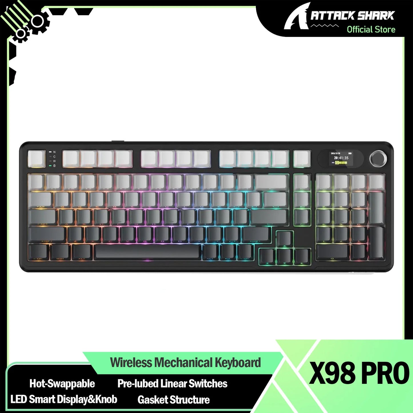 ATTACK SHARK X98 RGB Wireless Mechanical Keyboard,LED Smart Display&Knob, Hot Swappable,Pre-lubed Linear Switches