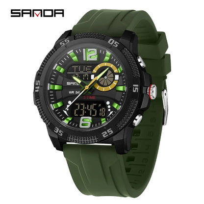 SANDA Fashion Luxury Men's Watches Dual Digital Display Sport Analog Quartz Man Wristwatch Casual Waterproof Silica Chronograph