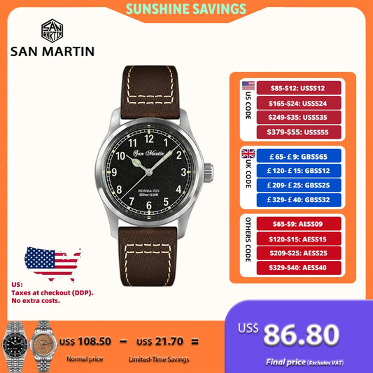 San Martin 37mm Ronda 715 Quartz Watch Men Simple Fashion 10Bar Waterproof Pilot Wristwatch BGW-9 Blue C3 Green Luminous SN0034A