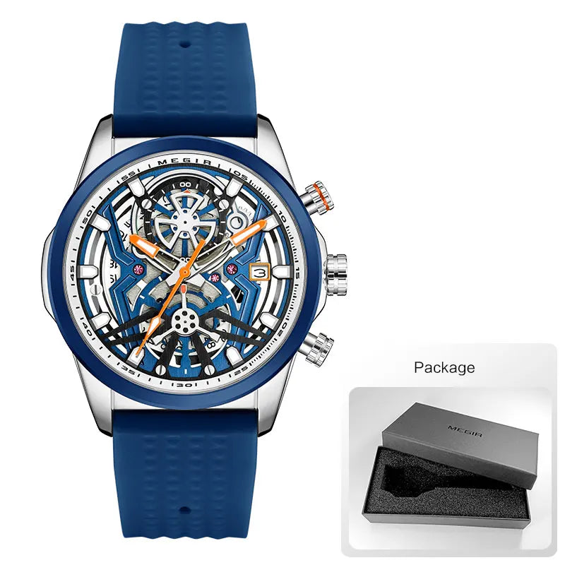 MEGIR Chronograph Quartz Watch Men Fashion Waterproof Yellow Silicone Strap Sport Wristwatch with Luminous Hands Auto Date 2235