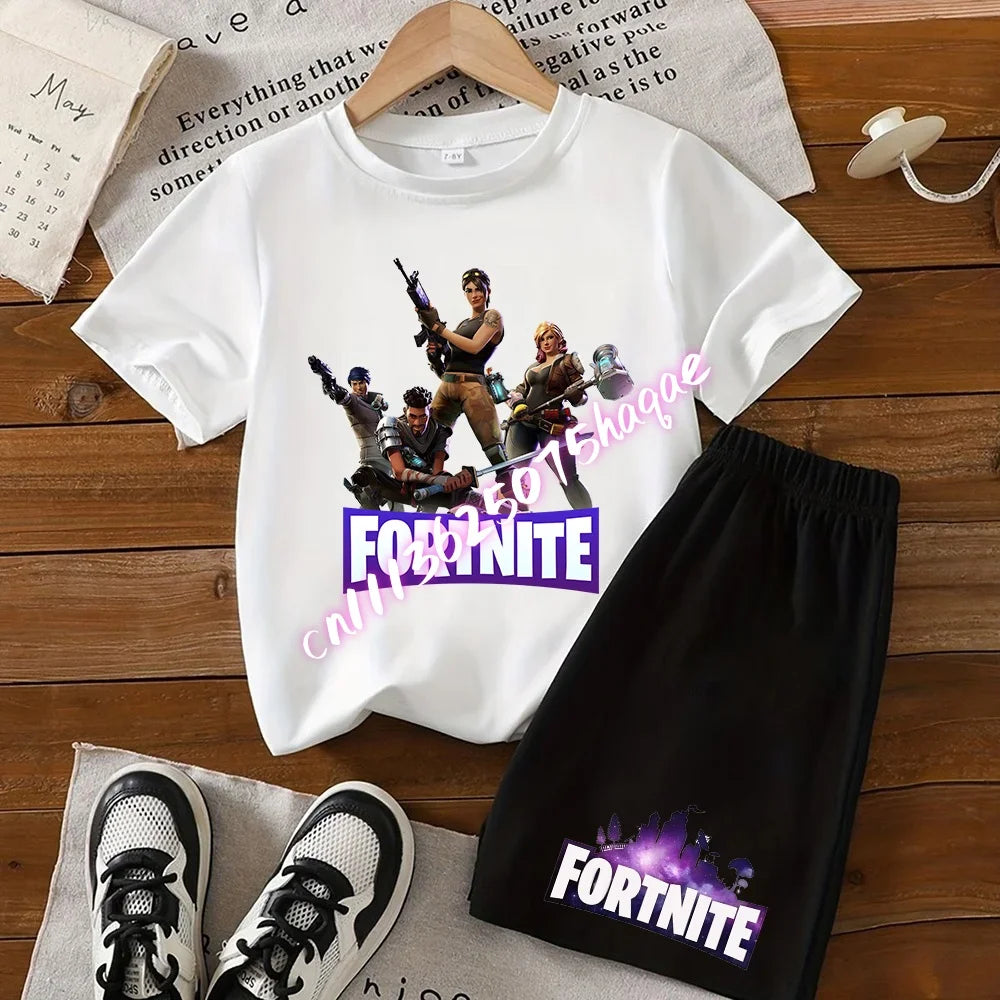 2026 New Fortnite Kids Pure Cotton Short-Sleeved Set with Cartoon Print Boys' Sport Shirt Casual Top Summer T-Shirt 2 Pieces