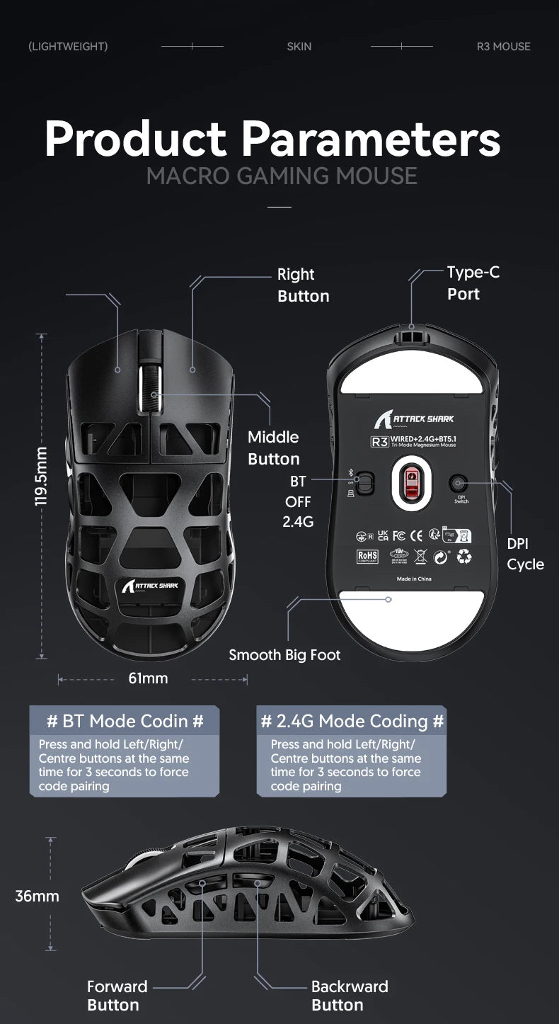 Mouse gaming ATTACK SHARK R3 din aliaj de magneziu cu design tip fagure, ultra-ușor, 8K Hz, senzor PAW3395, 26000 DPI, carcasă ergonomică