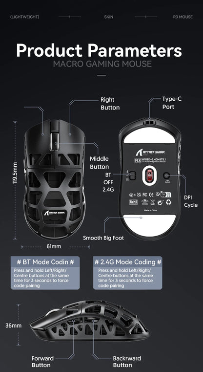 Mouse gaming ATTACK SHARK R3 din aliaj de magneziu cu design tip fagure, ultra-ușor, 8K Hz, senzor PAW3395, 26000 DPI, carcasă ergonomică