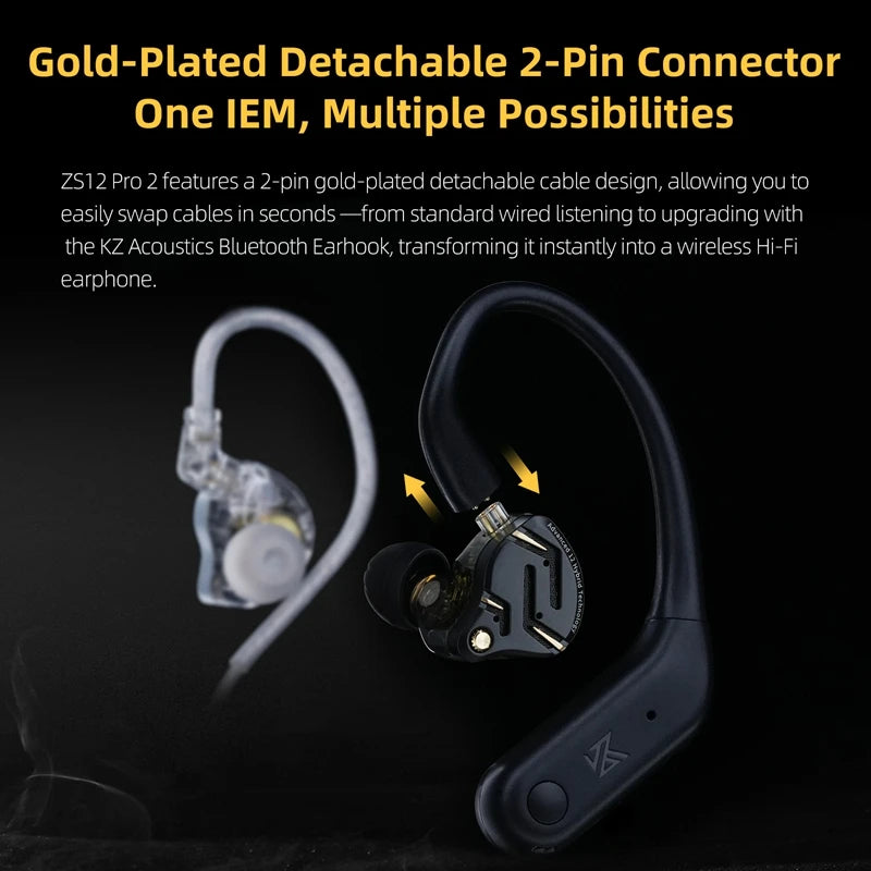 Auriculares IEM Híbridos KZ ZS12 PRO 2 – Auriculares Gaming HiFi com Fio, Graves Potentes e Drivers Superlineares