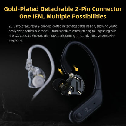 Auriculares IEM Híbridos KZ ZS12 PRO 2 – Auriculares Gaming HiFi com Fio, Graves Potentes e Drivers Superlineares