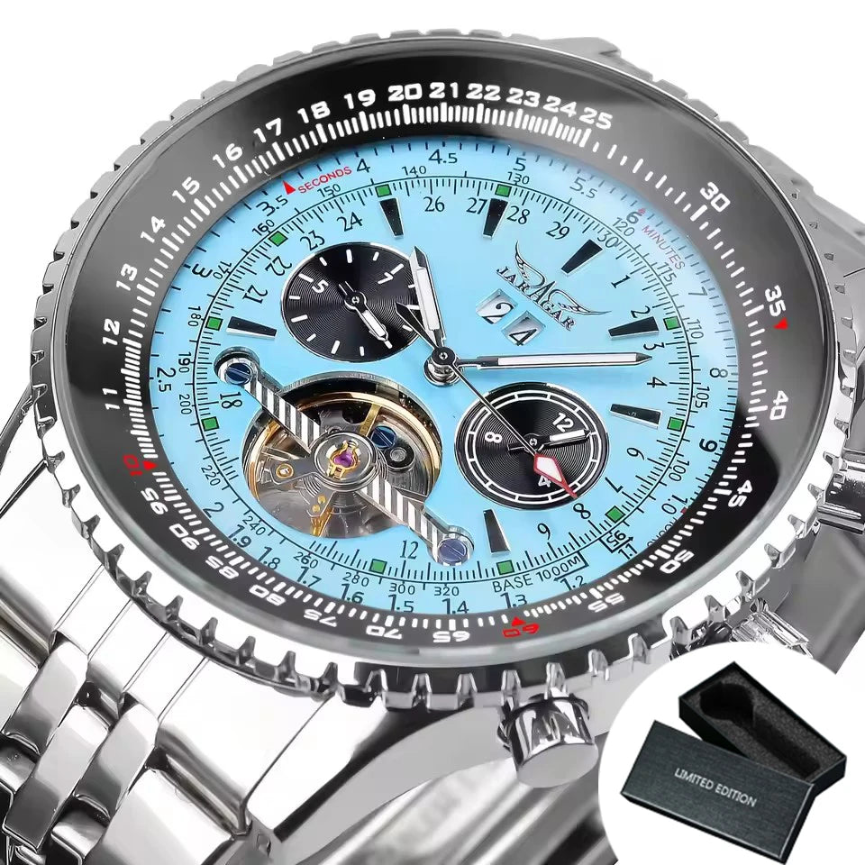Jaragar Military Sports Automatic Watch for Men Multifunction Dial Tourbillon Skeleton Mechanical Watches Luxury Steel Band Glow