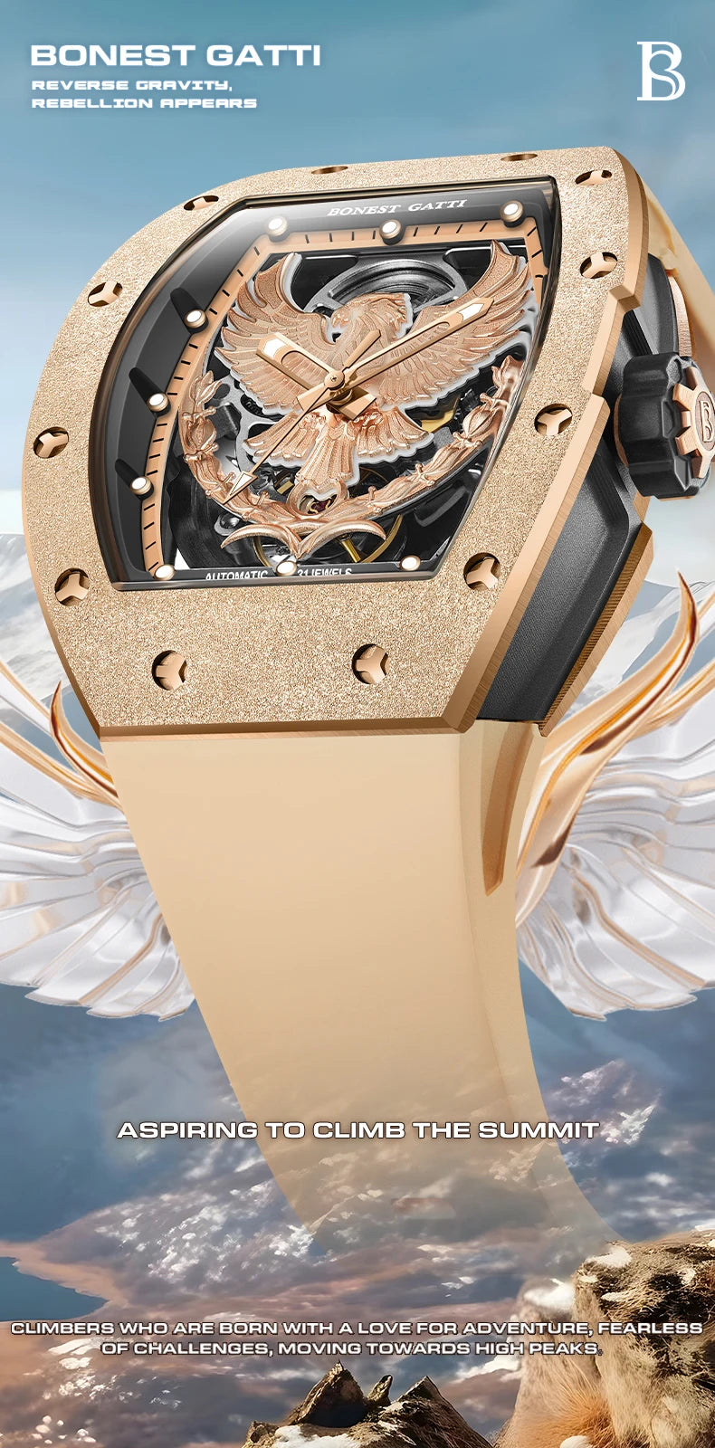 BONEST GATTI Luxury Men Hollow Automatic Mechanical Watches Tonneau Sapphire Crystal Luminous Hollow Eagle Dial Rubber Strapes