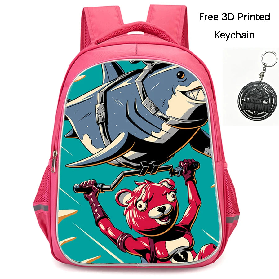 FORTNITE 16-inch Durable Lightweight Backpack, Dual Zipper Pockets, Cartoon Style for Boys & Girls Ages 6-10, Free 3D Printed Keychain
