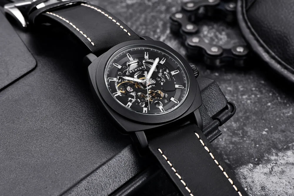 BENYAR Watch for Men Luxury Skeleton Tourbillon Automatic Mechanical Men's Watch 30M Waterproof Leather Strap Sports Reloj Hombre