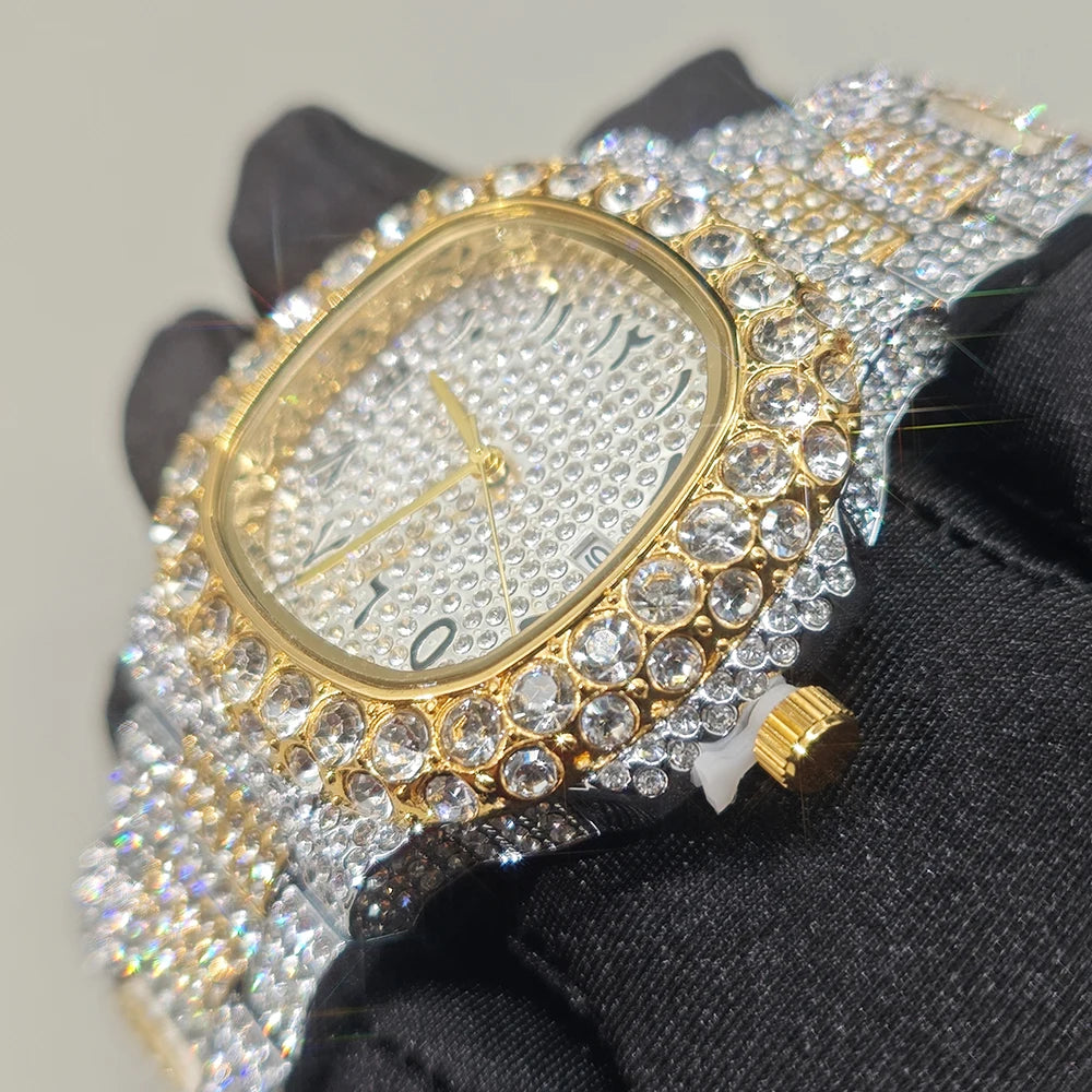 Luxury Brand Men Quartz Watch Fashion Square Hip Hop Diamond Out Sparkling Jewelry Waterproof Stainless Steel Wristwatch Man New