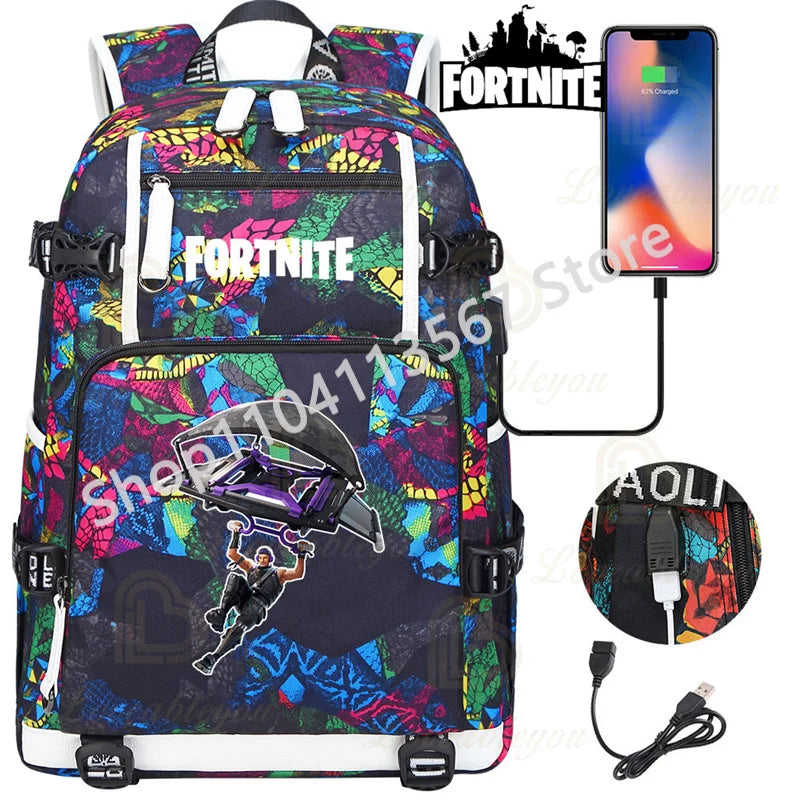 Mochila Red Jade F-Fortnited Battle Royale com carregamento USB, figuras anime e compartimento para material escolar para estudantes