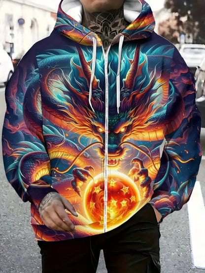 Men's Dragon Print Zipper Hoodie Outdoor Activities Travel Drawstring Long Sleeve Hoodies Autumn Winter Oversize Man Sweatshirts