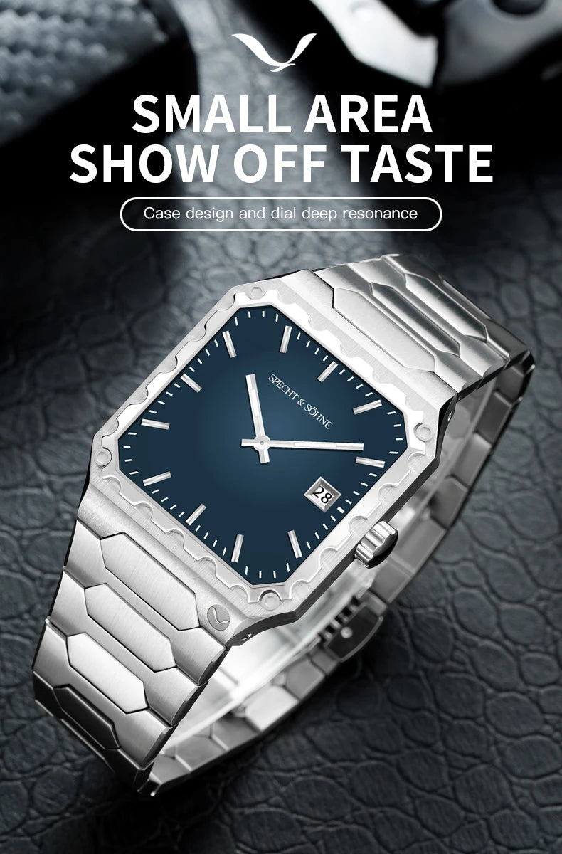 Specht & Söhne New Luxury Square 222 Watch Waterproof Male Clock Luminous Sapphire Stainless Steel Blue Men Watch Reloj Hombre