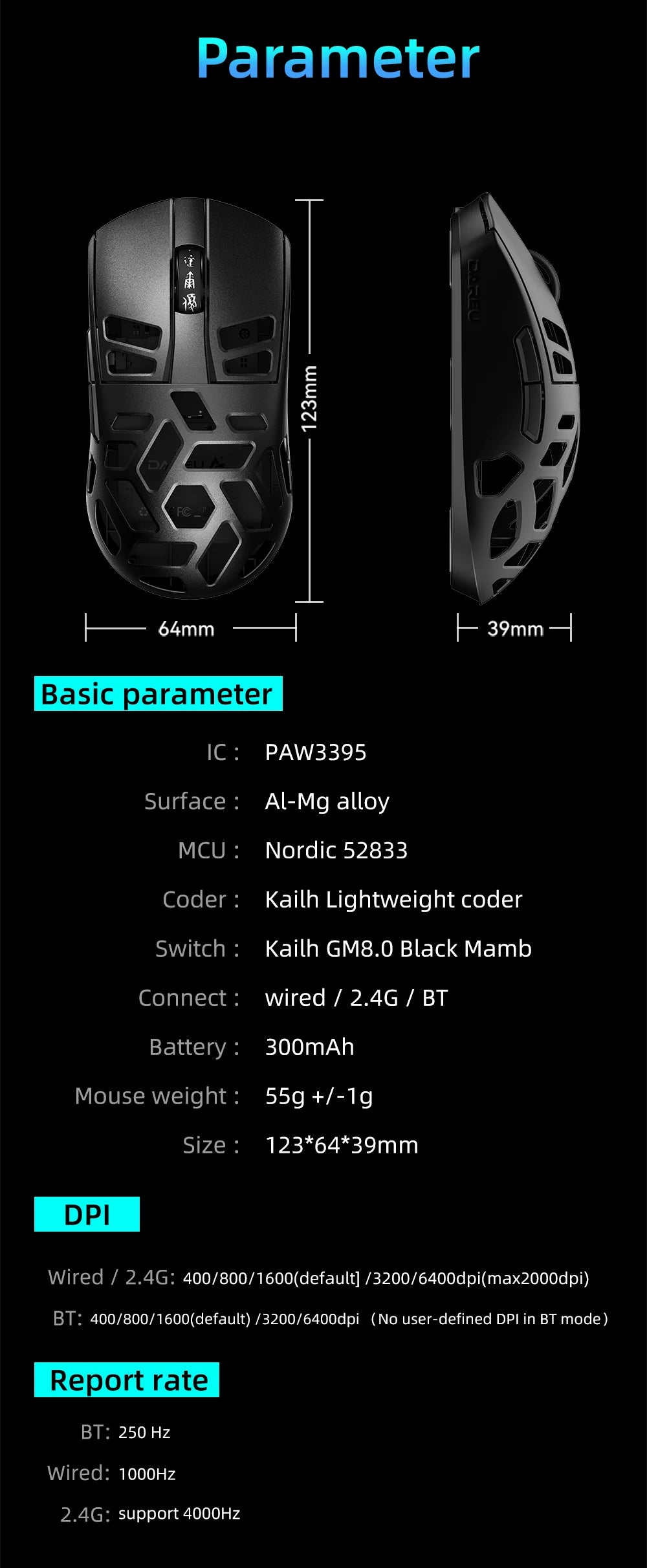 DAREU Al-mg Tri-Mode 8Khz PBT kabellose Gaming-Maus mit Schnellladefunktion PAW3950 30000 DPI, leicht, für PC-Gamer
