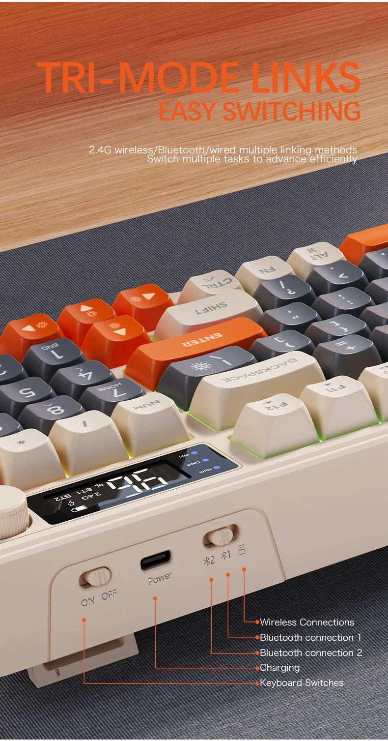 Tastiera wireless Bluetooth M96 FREEWOLF con display digitale, retroilluminazione RGB, batteria da 2000mAh e keycap PBT per PC/laptop