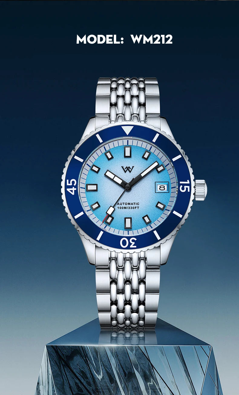 WM Watch Automatic Mechanical Diver Watches Men Sparkle Grain Gradient Dial Ceramic Bezel NH35 AR Coated Welly Merck Watch WM212