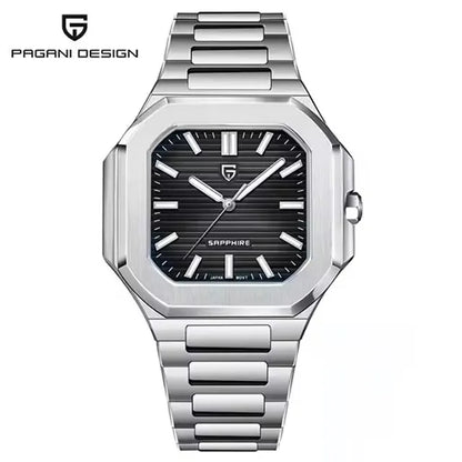 Nuovo orologio di lusso quadrato PAGANI DESIGN 2026 da uomo al quarzo, vetro zaffiro AR, movimento giapponese, luminoso, in acciaio 316L all steel