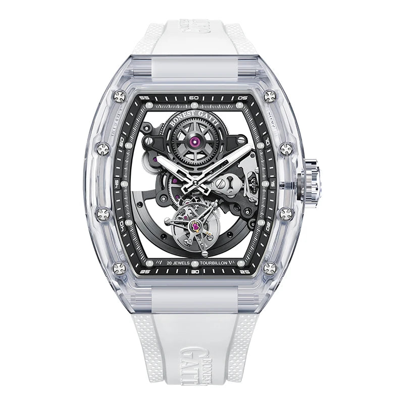 BONEST GATTI Luxury Men Automatic Tourbillon Watch Hollow Out Dial Crystal Case Sapphire Luminous Rubber Strap Wristwatch