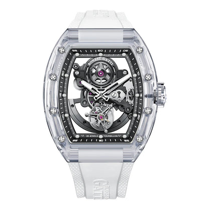 BONEST GATTI Luxury Men Automatic Tourbillon Watch Hollow Out Dial Crystal Case Sapphire Luminous Rubber Strap Wristwatch