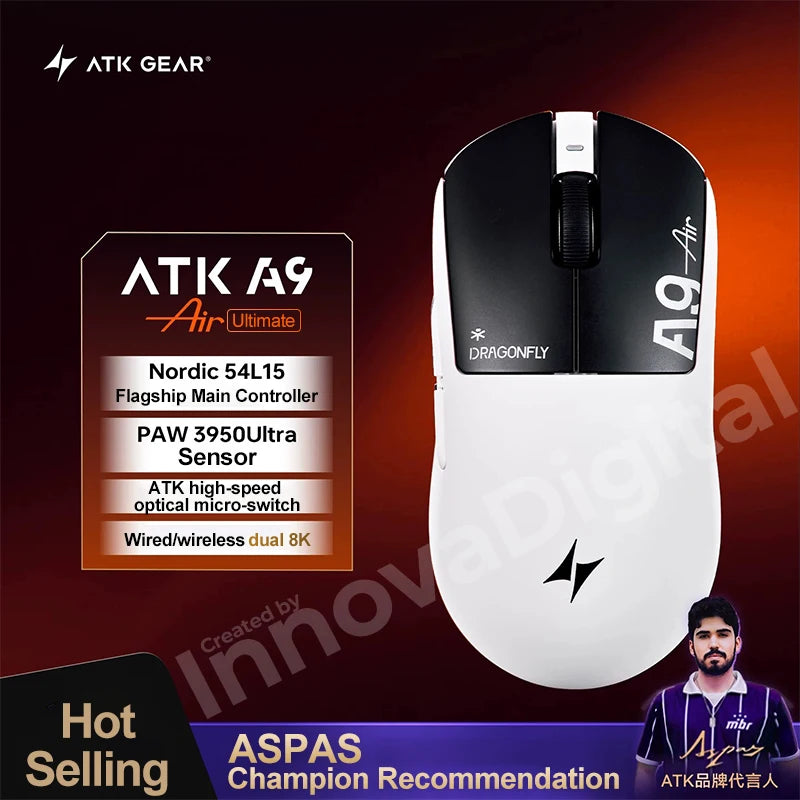 ATK Dragonfly A9 Ultimate Wireless Gaming Mouse, PAW3950 Ultra Sensor, 8KHz Polling Rate, Ultra Lightweight Ergonomic Gaming Mouse for FPS & Esports