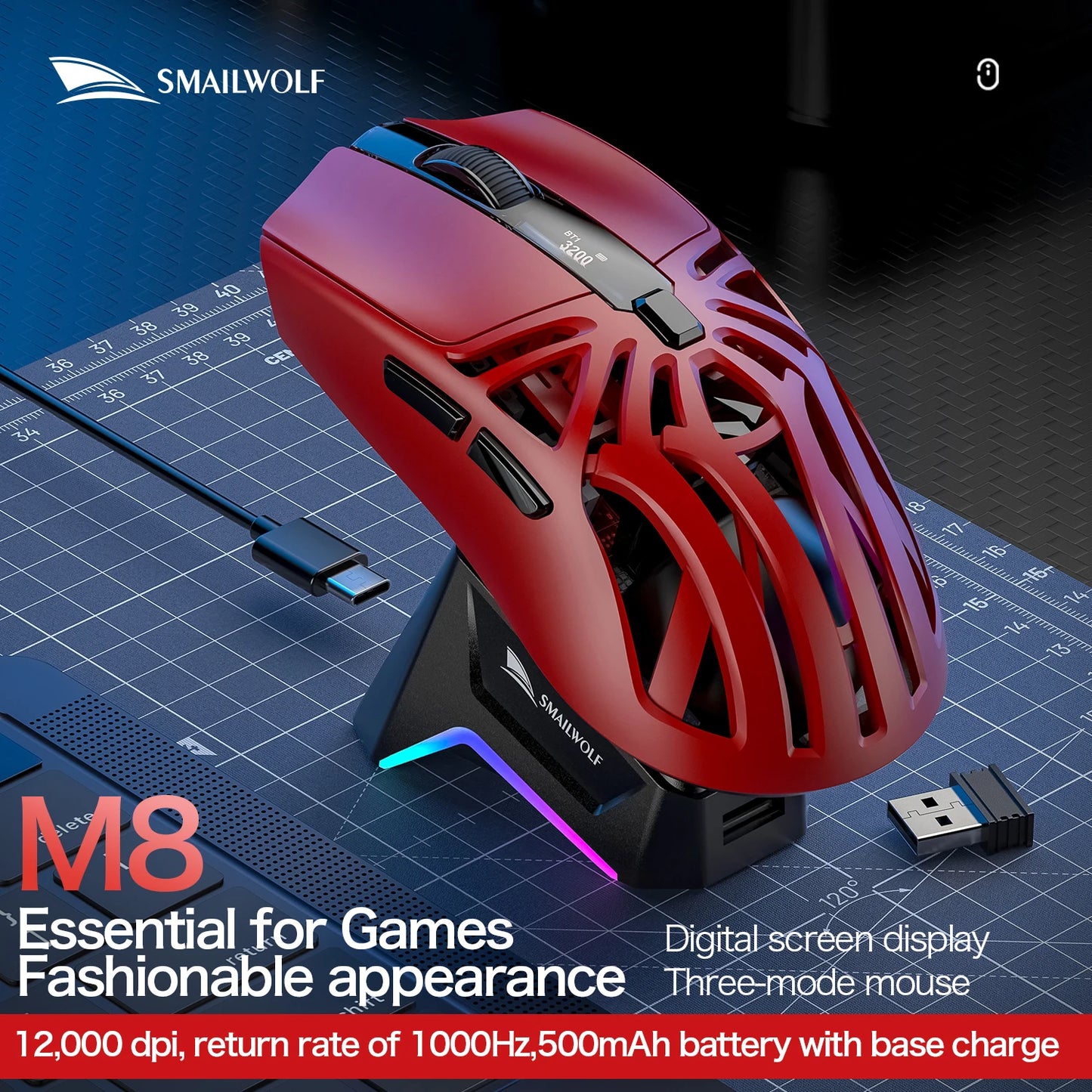 SMAILWOLF M8 Bluetooth Wireless Gaming Mouse, Tri-Mode RGB Rechargeable Mouse with PAW3311 Sensor, 12000 DPI Lightweight Gaming Mouse for PC & Office