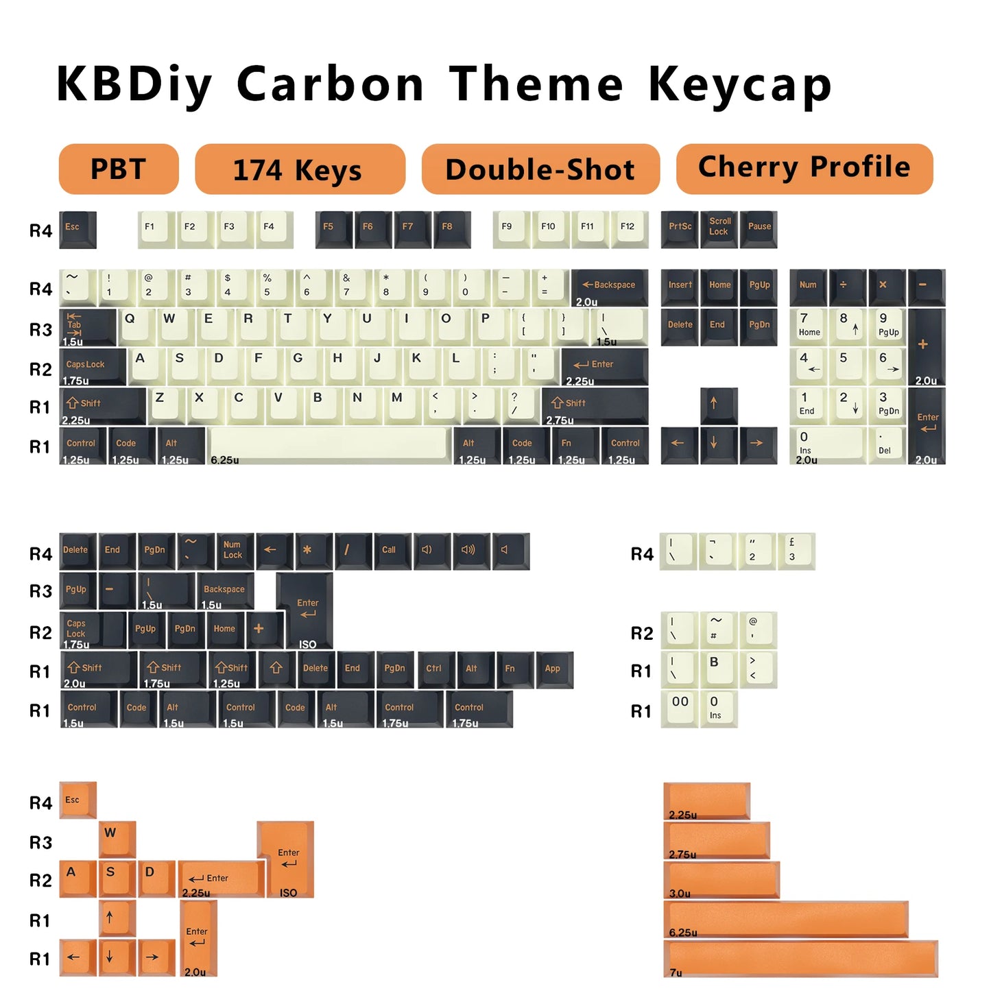 KBDiy 174 Tasten/Set PBT GMK Apollo Tastenkappen, Double-Shot, minimalistisches ISO-Cherry-Profil, für mechanische Gaming-Tastaturen, Tastenkappen für MX