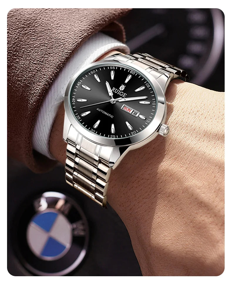RUIGE Weekly Calendar Men's Fully Automatic Mechanical Watch Stainless Steel Business Men's Night Light Waterproof Versatile Wat