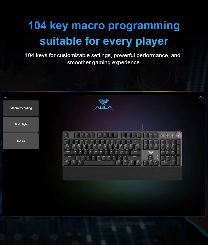 Teclado Mecânico AULA F2088 com Fio para Gaming, Botão Multifuncional, 104 Teclas, Retroiluminação Magic, Programação Macro, Compu