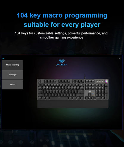 Teclado Mecânico AULA F2088 com Fio para Gaming, Botão Multifuncional, 104 Teclas, Retroiluminação Magic, Programação Macro, Compu
