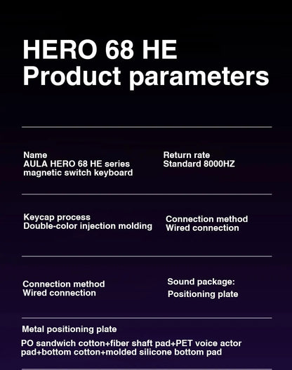 Tastiera AULA HERO 68HE con switch magnetici RGB, tastiera meccanica gaming Rapid Trigger, polling rate 8K, cablata, eSport personalizzata