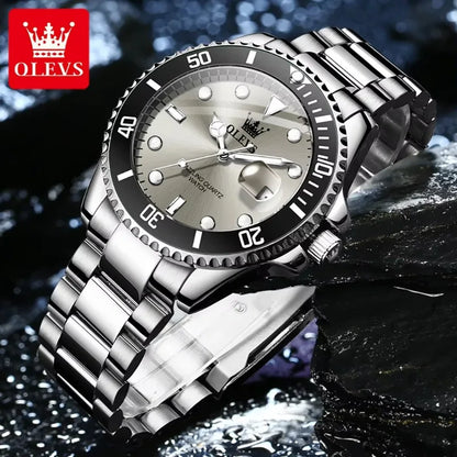 Montre pour homme OLEVS 5885 – Modèle authentique, bracelet en acier, calendrier, mouvement à quartz, livrée dans un coffret cadeau de luxe