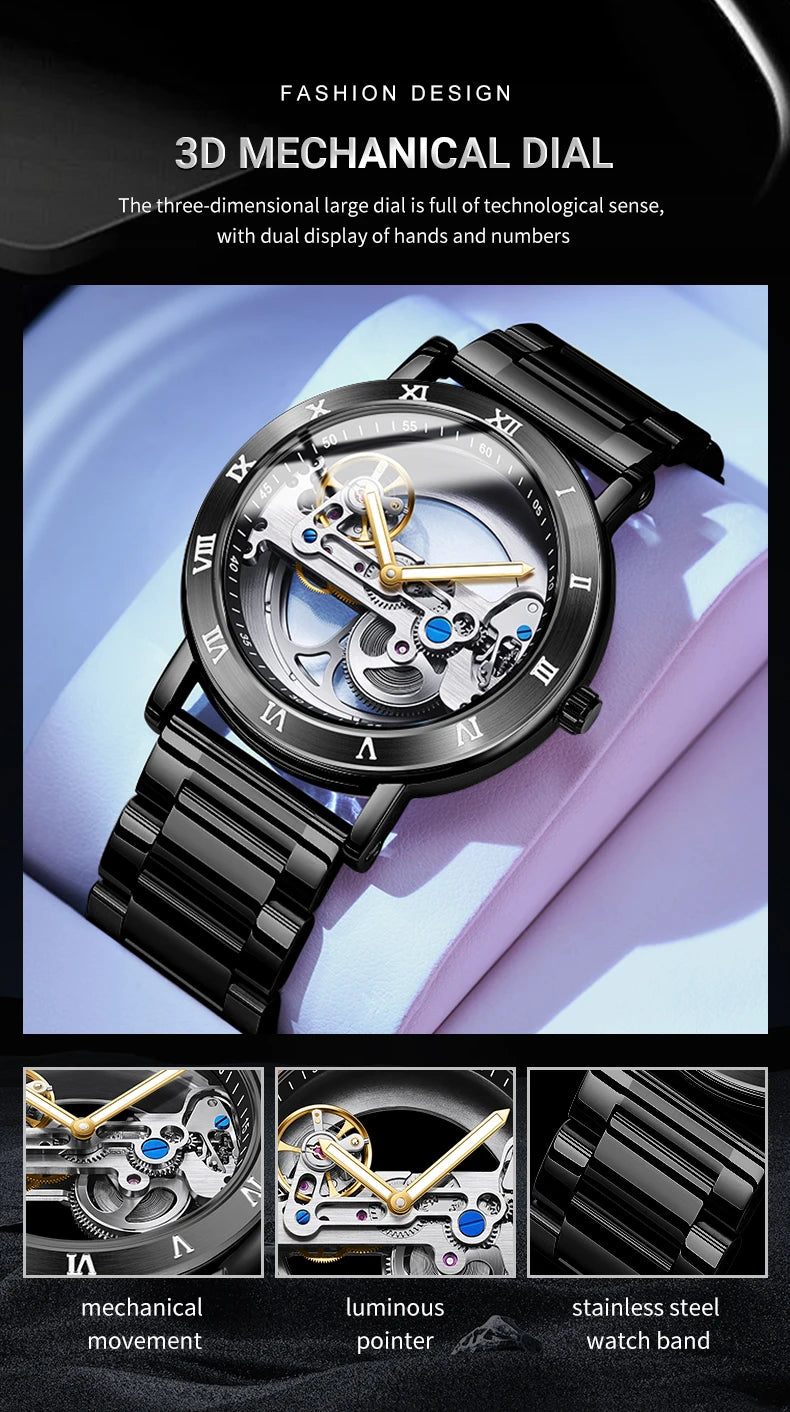 AKDPN Men's Watches Automatic Mechanical Stainless Steel Men's Wrist Watch Skeleton Automatic Watches for Man Watch Montre Homme