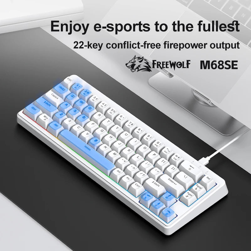 FREEWOLF M68SE Mini-Tastatur mit 68 Tasten, kabelgebunden, RGB-Hintergrundbeleuchtung, Type-C, 68-%-Layout, kompakt, für Gaming, Büro, PC und Laptop
