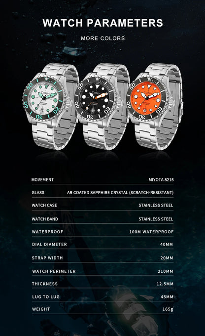 NEW 2026 CADISEN AQUA DIVER Brand Luxury Men Watches Automatic Watch Japan 8215 100M Waterproof Luminous Mechanical Wristwatch
