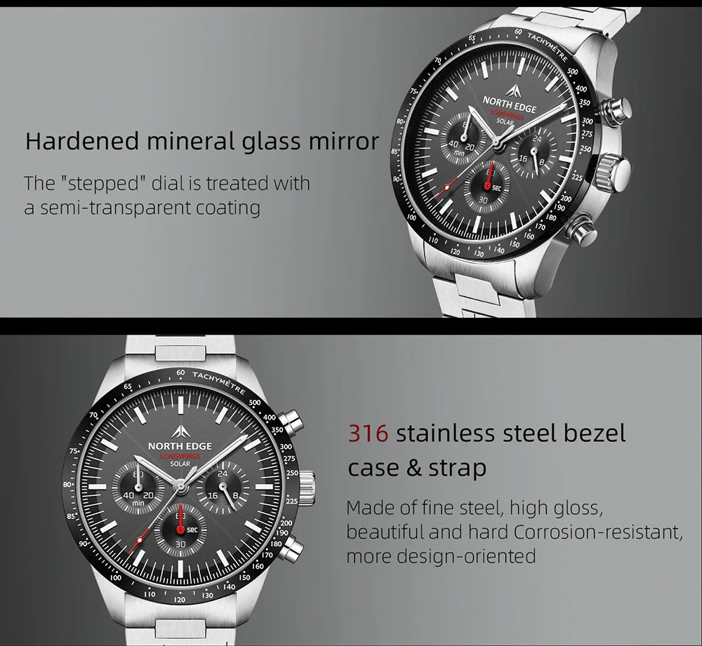 NORTH EDGE 2025 LONGWINGS Men Quartz Watch Solar Powered Stopwatch Waterproof 50M 316 Full Stainless Steel Luminous Pilot Watch