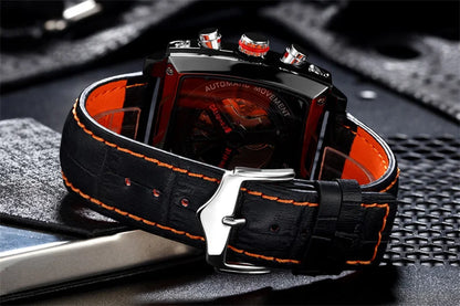 Original Brand Watches For Men Luxury Design Square Mechanical Watch Men Leather Strap Waterproof Date Week Wristwatches Male