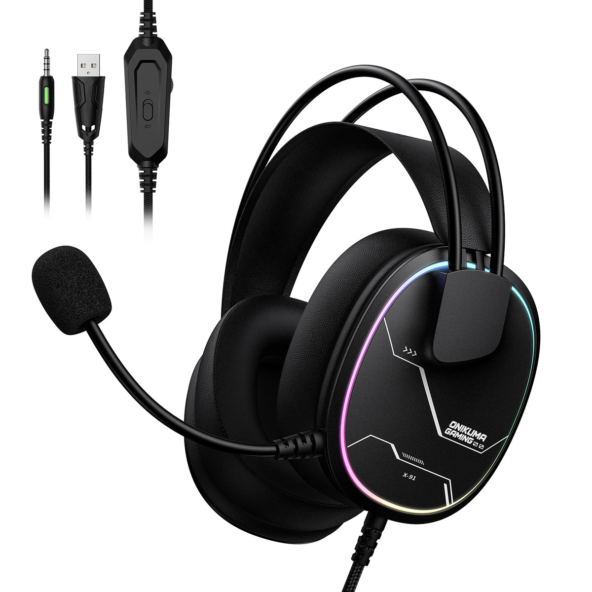 ONIKUMA X91, casque de jeu filaire avec éclairage RGB, casque supra-auriculaire avec microphone flexible, prise audio 3,5 mm pour PC, PS4, ordinateur portable, idéal pour les joueurs.