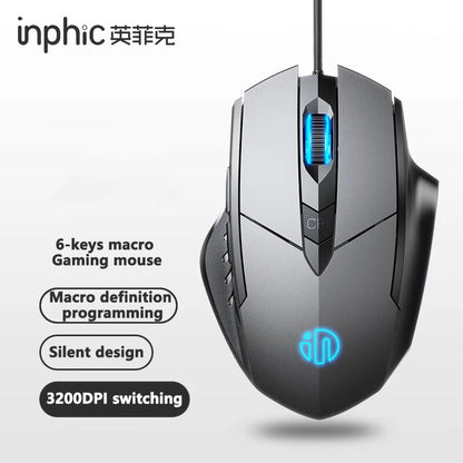 Drátová myš Inphic W1 – e-sportovní herní myš, tichá kancelářská myš, volitelně se třemi nebo šesti tlačítky