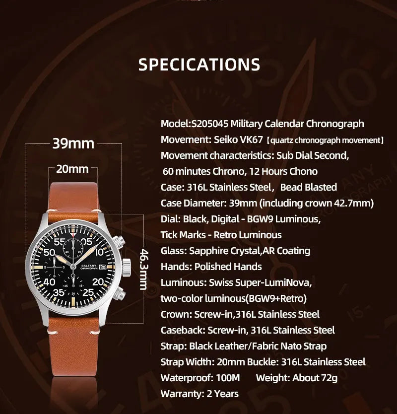 Baltany Quartz Chronograph S5045 Sunburst Blue Dial VK67 100M Stainless Steel Calendar Window Sapphire Vintage Military Watches