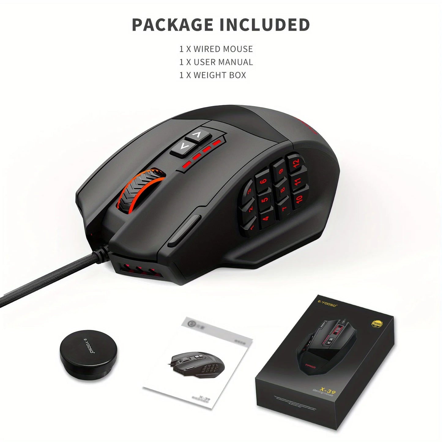 E-YOOSO X-39 programmierbare Gaming-Maus, kabelgebundene RGB-Maus mit 18 Tasten, 8 herausnehmbaren Gewichten, 5 DPI-Stufen, ergonomischem Griff für Computer