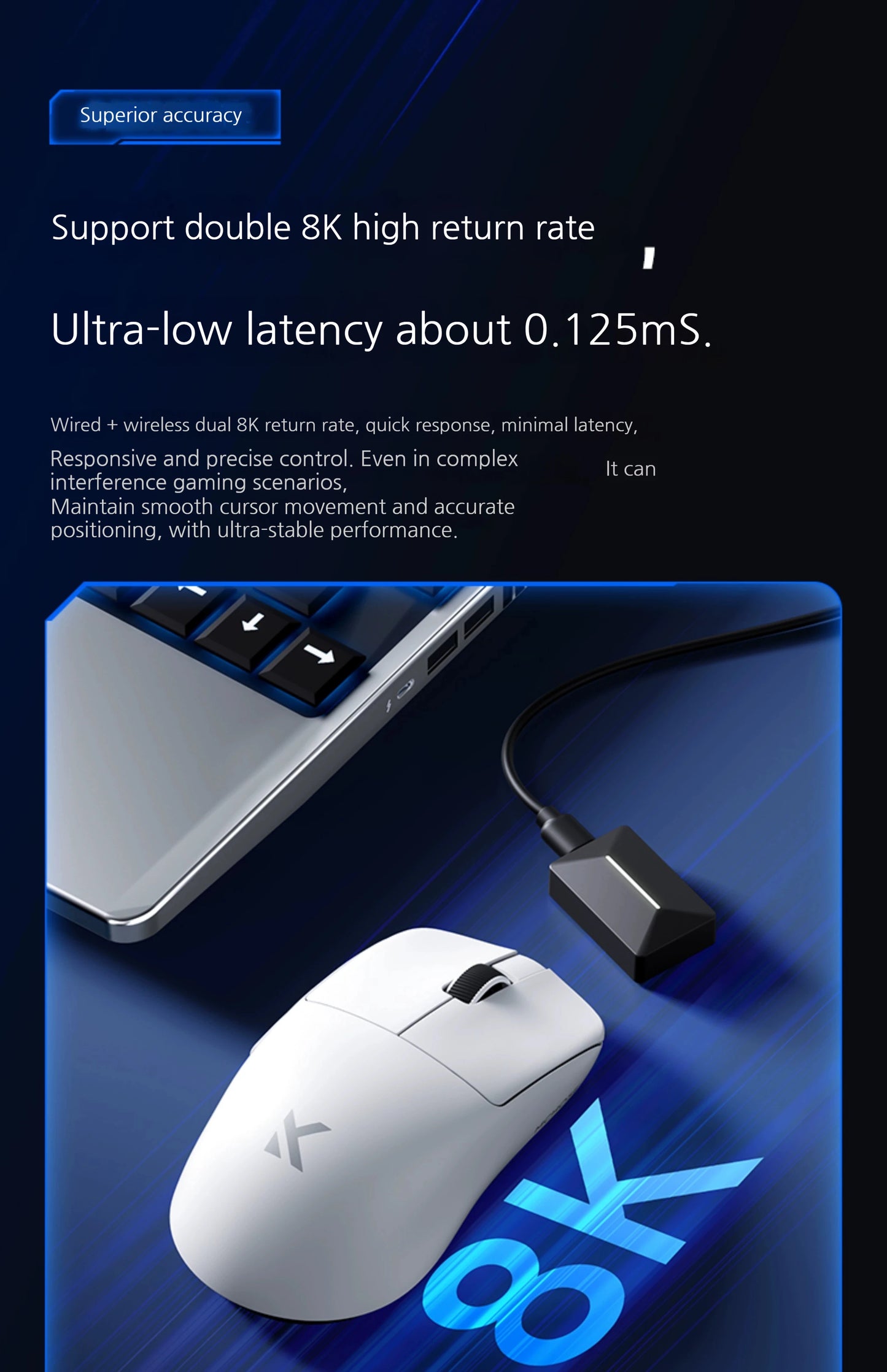 MCHOSE L7 Ultra+ Medium Large håndmus til gaming, e-sport, PAW3950, trådløs med tre tilstande, let kontormus med dual-drive til computer