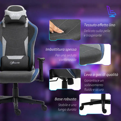 Gaming Chair Reclining 150 ° with Rocking Function, in Linen Effect Fabric, 66X53X128-138 Cm, Gray