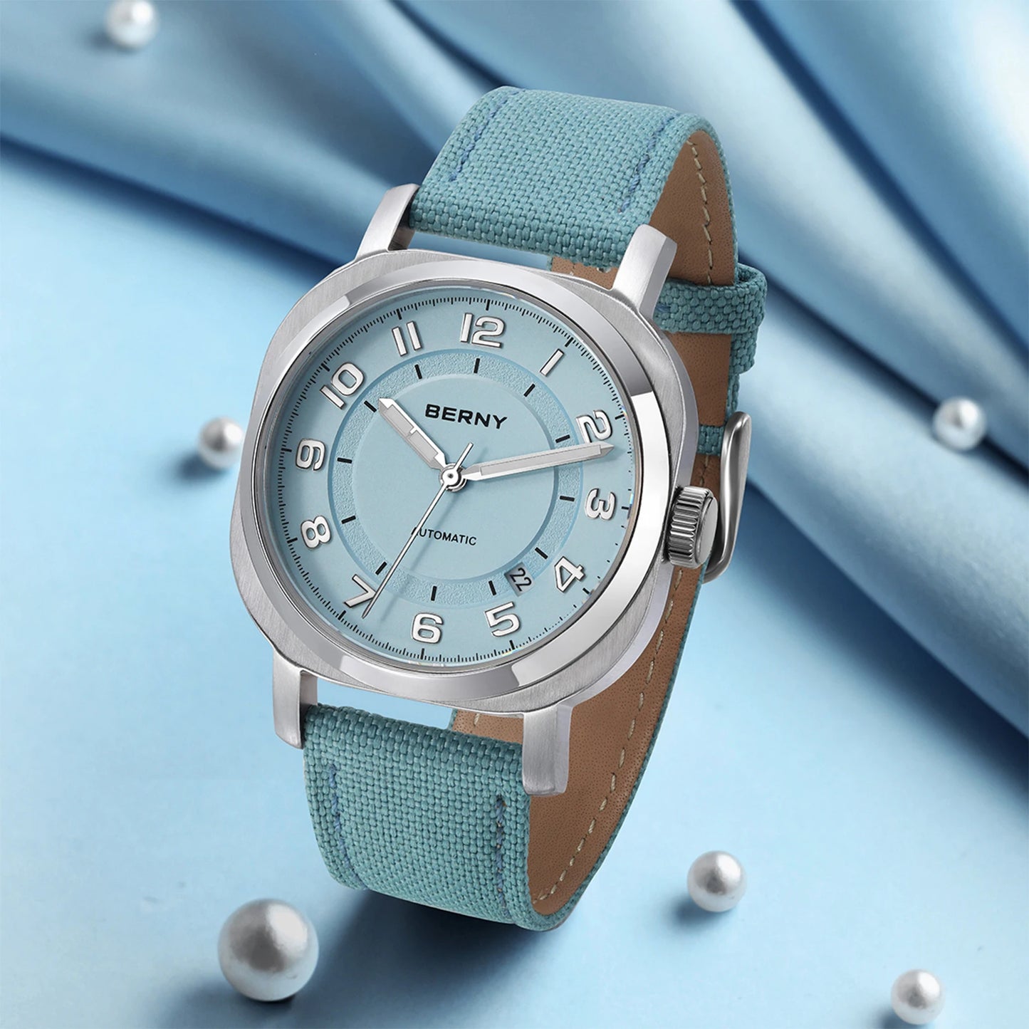 BERNY Mechanical Watch For Women Self-wind Pillow Cushion Sapphire Super Luminous Wristwatch Canvas Calendar Watch For Ladies