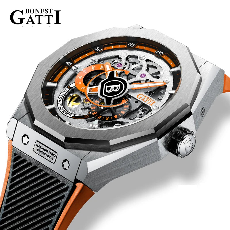 BONEST GATTI BG7601 Men Automatic Mechanical Watch Sapphire Crystal Waterproof Luminous Rubber Strap Wristwatch