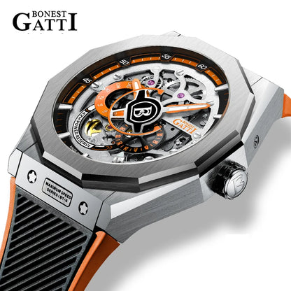 BONEST GATTI BG7601 Men Automatic Mechanical Watch Sapphire Crystal Waterproof Luminous Rubber Strap Wristwatch