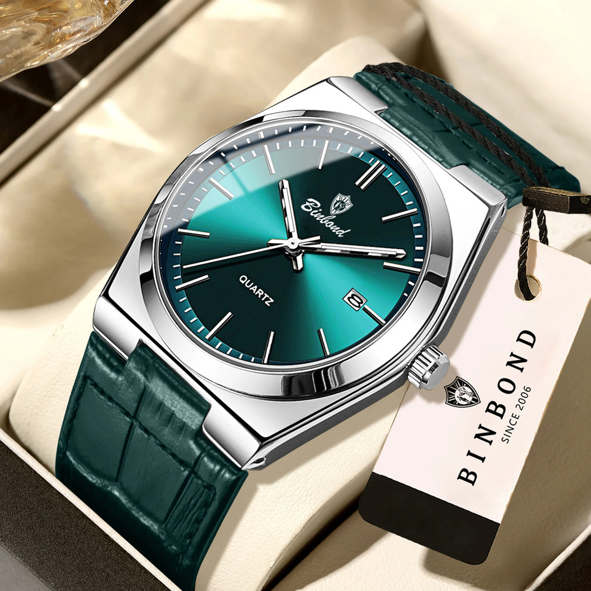 BINBOND luxury quartz wristwatch for men – Water-resistant, luminous, with automatic date – Professional, sporty, trendy and casual styles – Leather strap