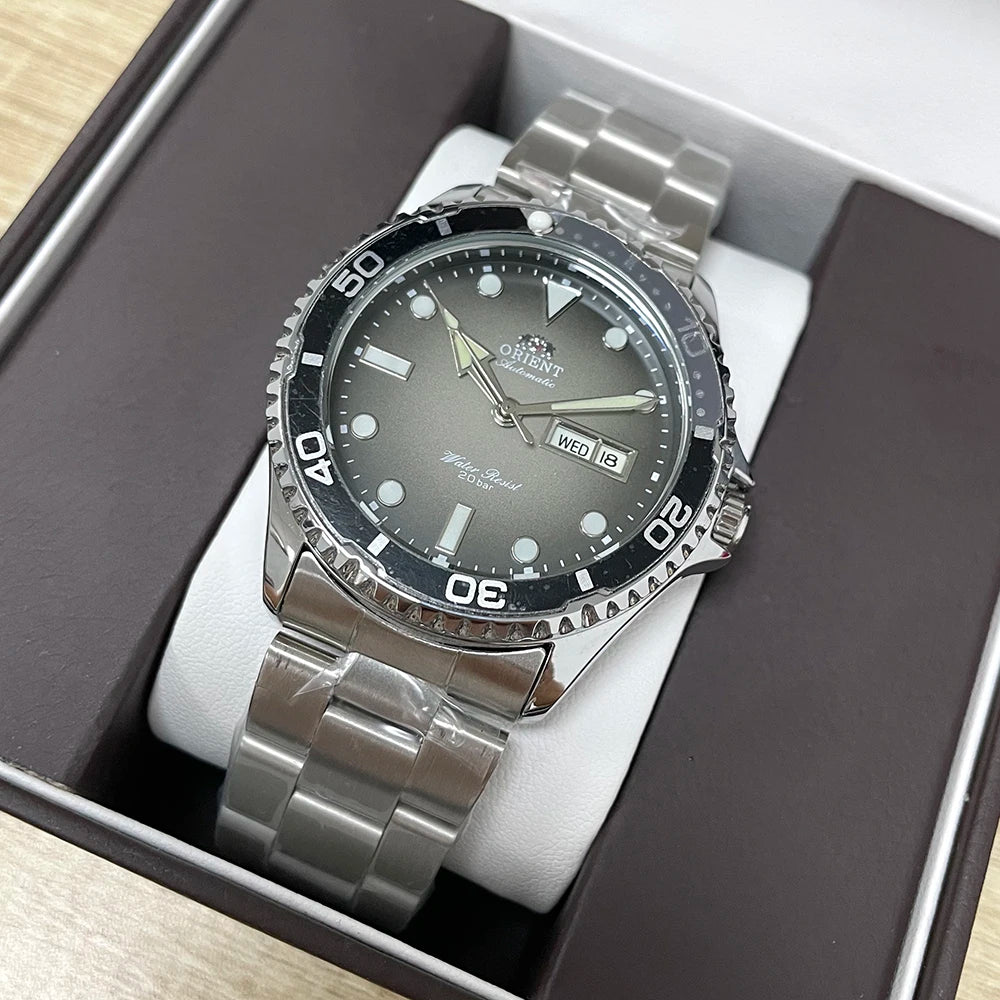 Orient Men's 200M Waterproof Automatic Dive Watch Dial Stainless Steel Bracelet Day Date Self-Winding Luminous Wristwatch