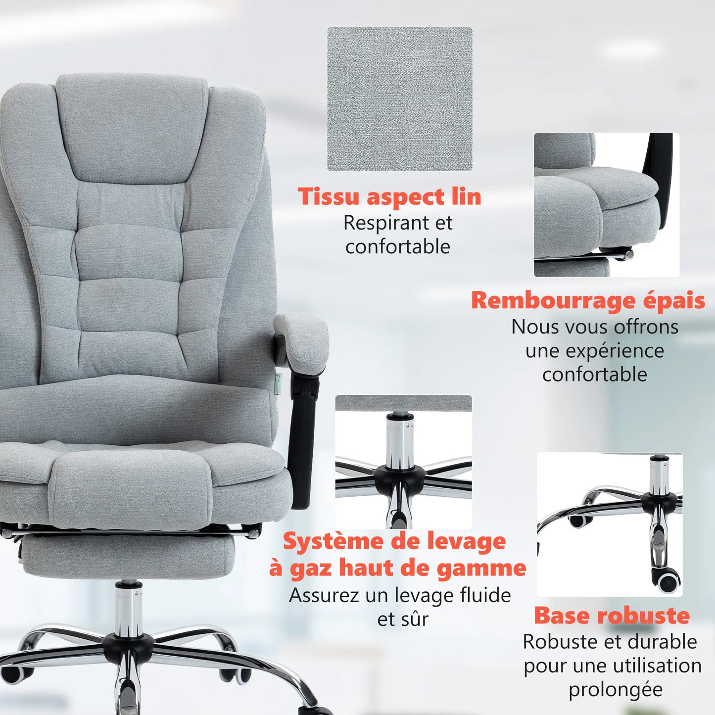 Massage- und beheizter Bürostuhl, Bürostuhl, höhenverstellbar, verstellbare Rückenlehne, 65x70x111-119cm, grau