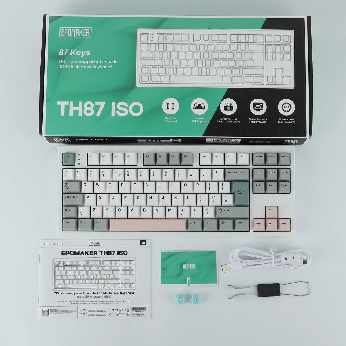 ISO-UK Layout EPOMAKER TH87 TKL Layout Wired/BT/2.4Ghz Wireless NKRO Mechanical Keyboard with 10000mAh Battery & RGB Light