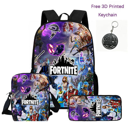 3Pcs Kids Backpack Set, Crossbody & Pencil Bag, FORTNITE Cartoon Bag, Lightweight for Boys Girls 6-10, Free 3D Printed Keychain